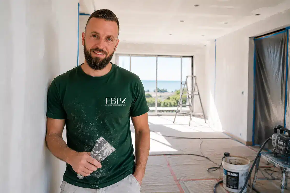 Elias, artisan peintre EBP Peinture, sur un chantier de rénovation intérieure dans le Var