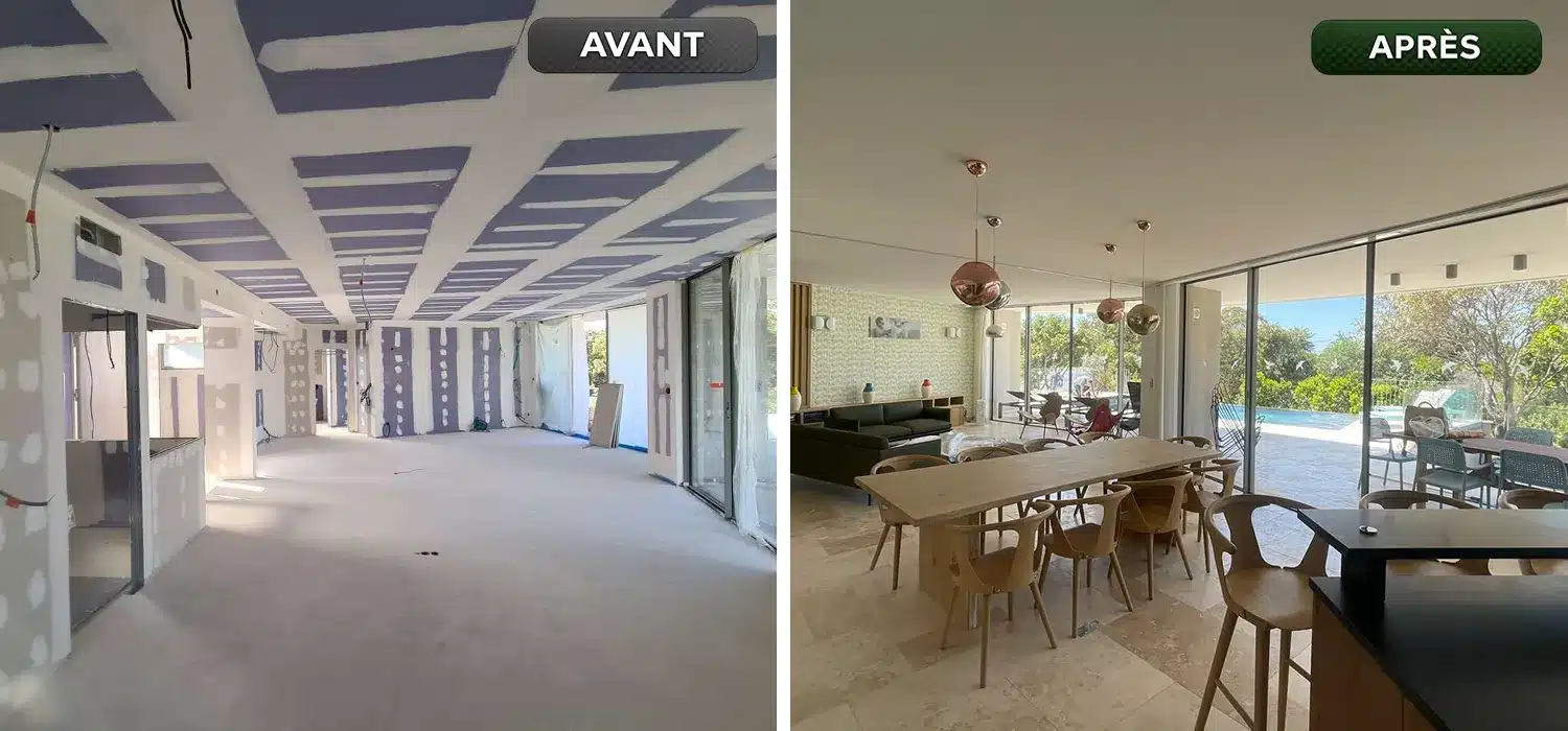 Avant après d'une rénovation complète de peinture intérieure dans une maison d'architecte au Domaine de Super Lavandou dans le Var