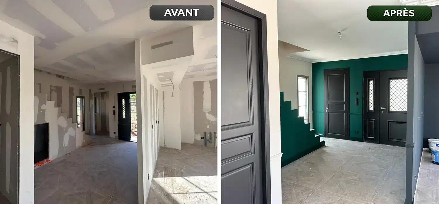 Avant / Après de travaux de peinture intérieure à Gassin après rénovation complète d'une maison neuve avec finitions décoratives.