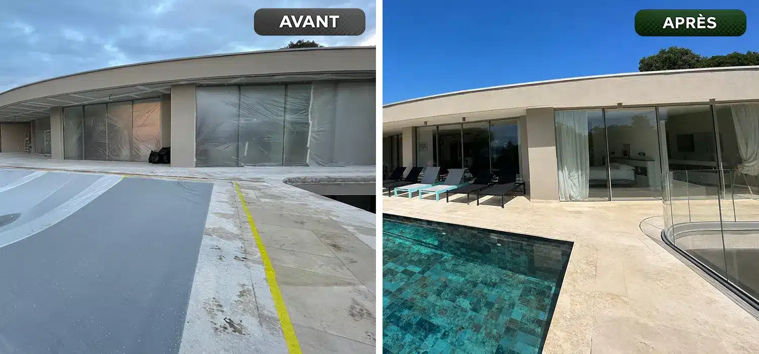 Avant / Après d'un ravalement de façade à Bandol après rénovation complète de la peinture extérieure d'une villa contemporaine.