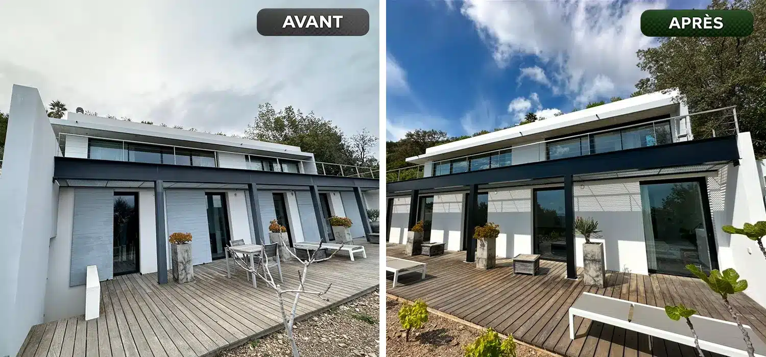 Avant / Après d'un ravalement de façade à La Croix-Valmer après rénovation complète d'une villa contemporaine et de sa peinture extérieure.