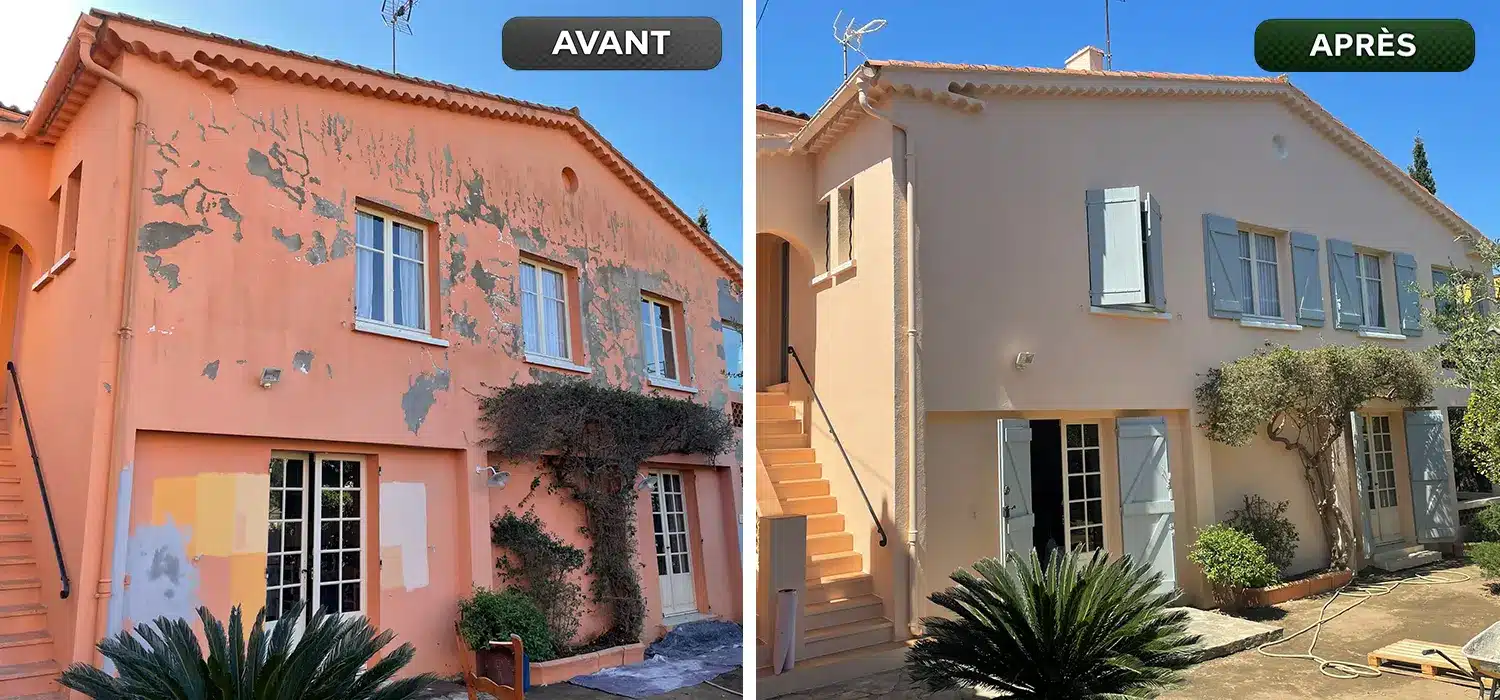 Avant / Après d'un ravalement de façade à Saint-Tropez après rénovation complète des enduits et de la peinture extérieure.