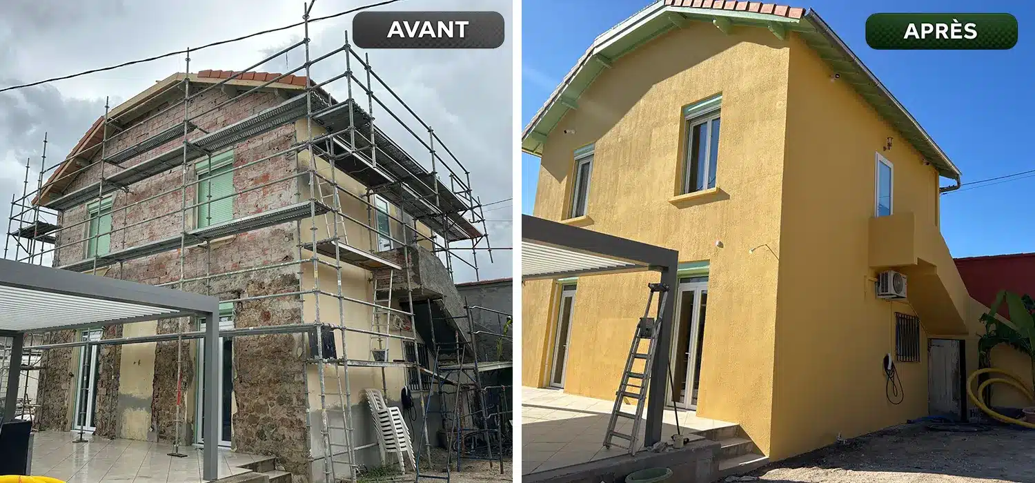Avant / Après d'un ravalement de façade à Toulon dans le quartier Siblas après rénovation complète d'une maison avec enduit et peinture extérieure.